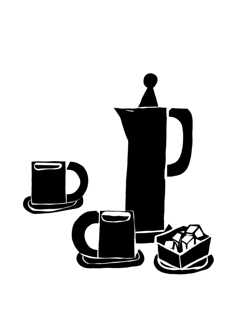 Paper cut illustration of a moka pot with two cups and a sugar bowl
