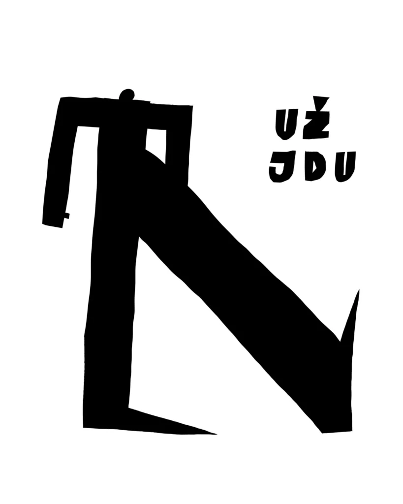 Paper cut illustration of a figure with a long shadow and the words UŽ JDU